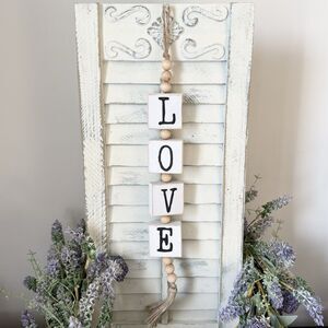 LOVE Distressed Wood Blocks Bead Tassel Hanger Sign Home Decor